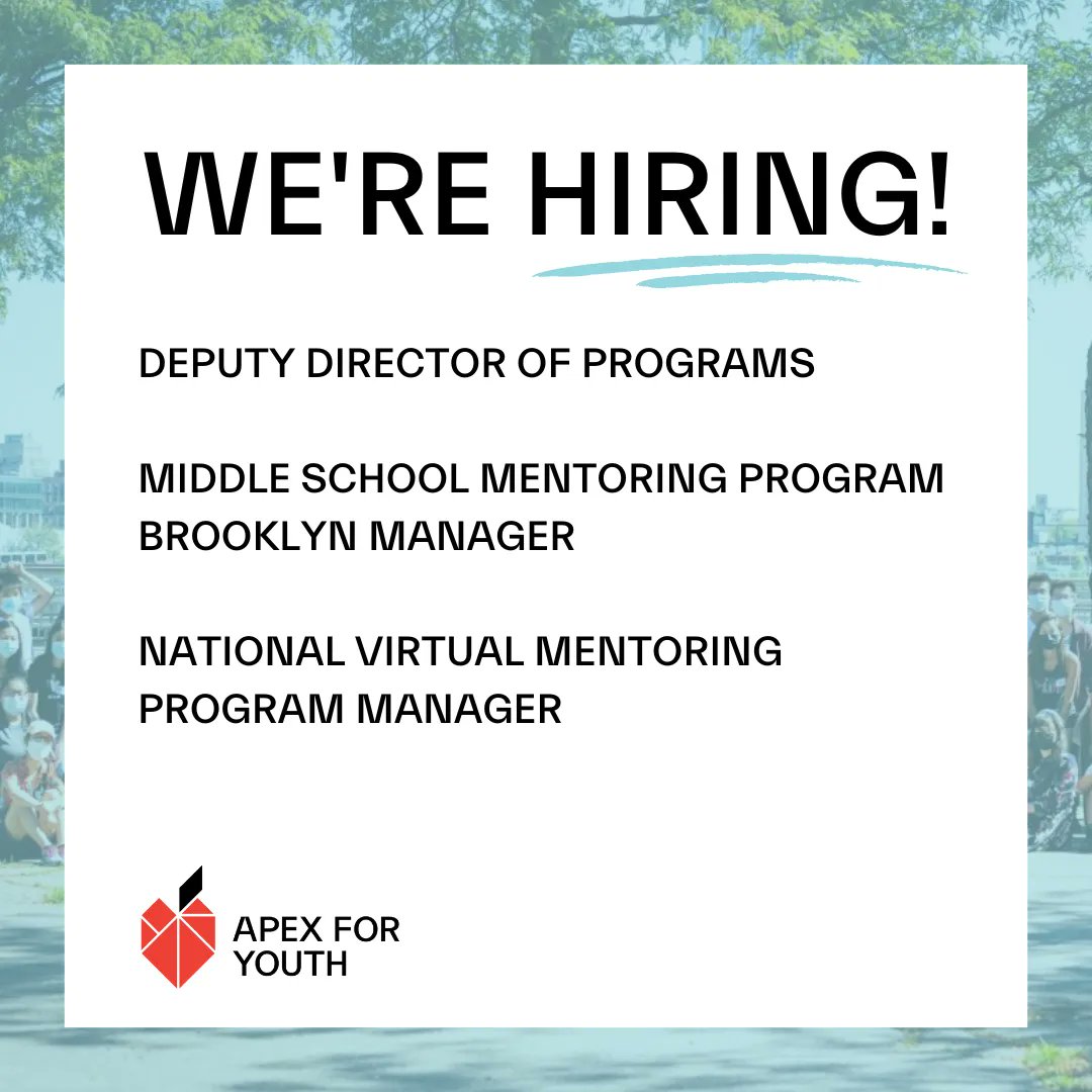 Come join Apex for Youth! We are rapidly growing and we're excited to fill these open positions. For job descriptions and how to apply, visit: buff.ly/3HQJQ7I. Tag a friend if you think they'd be a great fit, and please help us spread the word! ✨ #hiring #nonprofitjobs