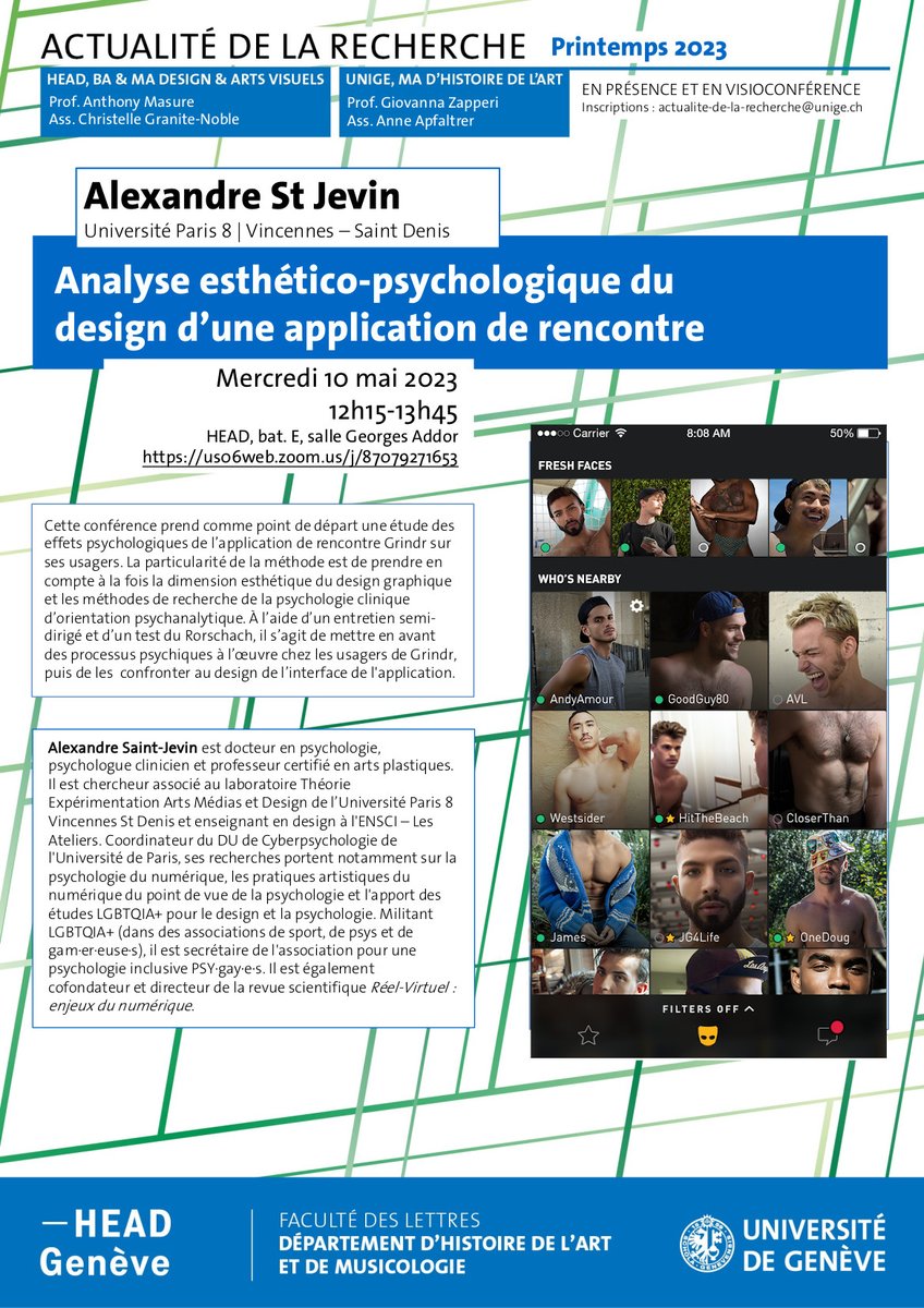 🤷 (@alexsaintjevin) on Twitter photo Ce mercredi, je présente les résultats de plusieurs années de recherche sur les usag.er.ères #Grindr à la <a href="/HEADGENEVE/">HEAD - GENEVE</a> dans le séminaire de <a href="/AnthonyMasure/">Anthony Masure</a> en temps réel sur Zoom :
us06web.zoom.us/j/87079271653 Ce mercredi, je présente les résultats de plusieurs années de recherche sur les usag.er.ères #Grindr à la <a href="/HEADGENEVE/">HEAD - GENEVE</a> dans le séminaire de <a href="/AnthonyMasure/">Anthony Masure</a> en temps réel sur Zoom :
us06web.zoom.us/j/87079271653