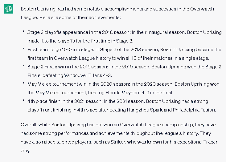 We asked ChatGPT about it's opinions on some Overwatch League teams, and it had some interesting things to say about the <a href="/BostonUprising/">Boston Uprising</a>...