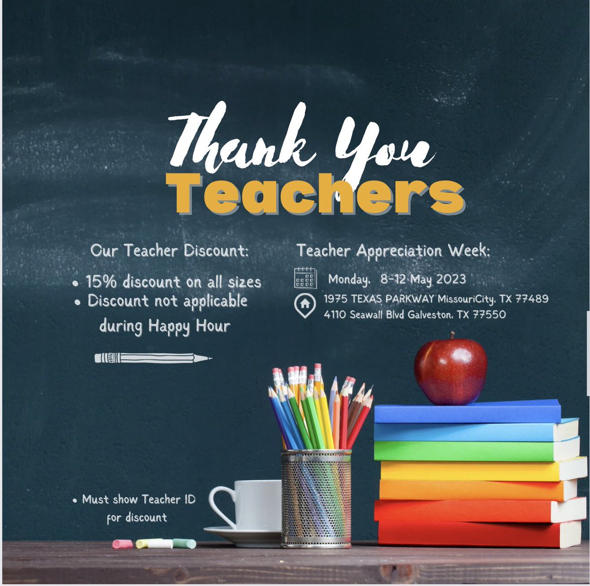 TeazeDL's tweet image. Thank you to all of the Teachers out there, we humbly appreciate your hard work. Along with our appreciation we’d like to also say Happy Margarita Monday! 🍹#MargaritaMonday #DrinksToGo
😄⁠HAPPY HOUR 4-7 PM MON-FRI😀⁠
🚗 DRIVE THRU OPEN ⁠2pm - 9pm⁠
⁠