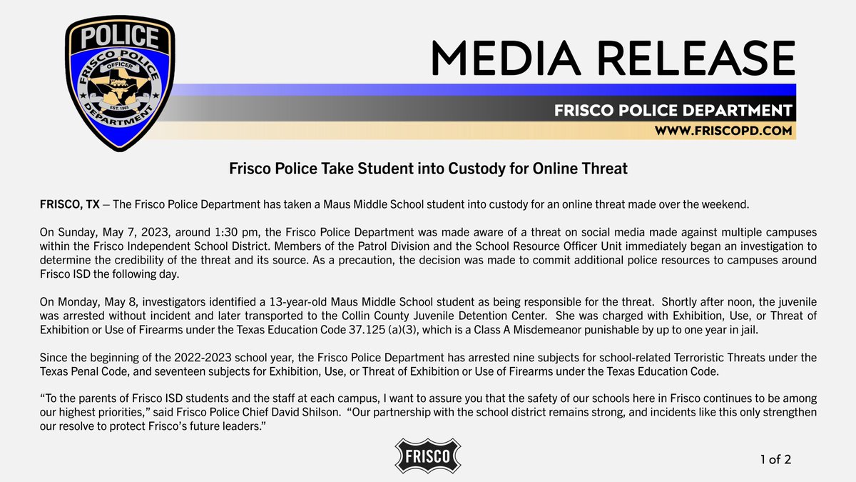 Frisco police on twitter media release frisco police take student