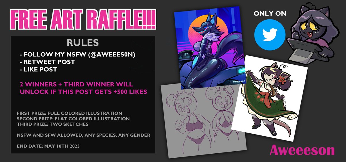 THANKS SO MUCH FOR 1K FOLLOWERS!!! I truly appreciate it so much ;v; Here's a free art raffle, you can win some cool drawings! Please follow the rules on the image to enter! Winners will be picked by a RNG