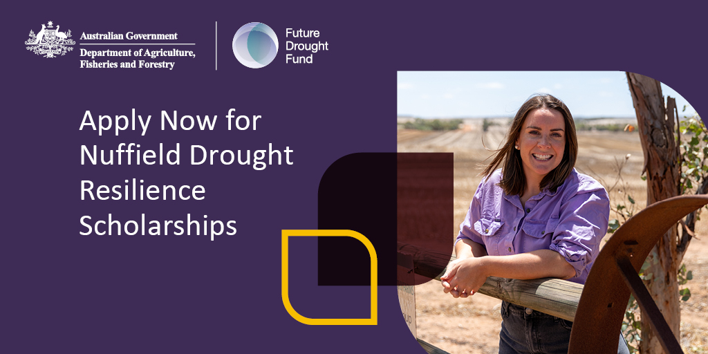 Get ahead: prepare yourself, your business, your industry for drying conditions. Apply for a @nuffieldaust #droughtresilience #scholarship, supported by @DAFFgov’s #FutureDroughtFund.  

Applications close 9 June. 

Learn more & apply: vicdroughthub.org.au/news-events/bl…

#VicHub #nuffieldag