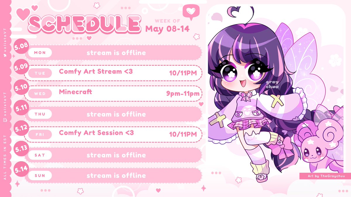 solistaVT's tweet image. « ⋅ʚ♡ stream schedule ♡ɞ⋅ »

♡ May 08-14 ♡

ミ✿  Gonna be drawing some prizes for my art challenge last month, then play mc this week! 🩷🌸 

➽──❥ flutter by: twitch.tv/solistavt