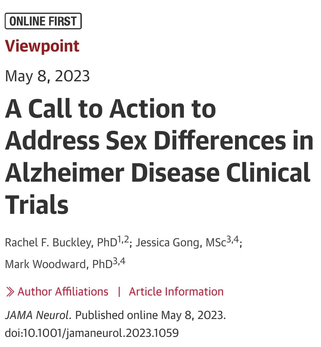 Please see our latest commentary in @JAMANeuro, where we argue for the necessity of sex disaggregated results in #Alzheimers clinical trials. Take a read. Huge shout out to Jessica Gong and Mark Woodward for this teamwork #ENDALZ https://doi:10.1001/jamaneurol.2023.1059/