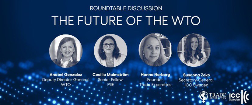 We are proud and delighted to collaborate with @ICC_Sweden for this fantastic roundtable that will take place soon: 'The future of the @wto' , with the super star speakers✨ @_AnabelG, @MalmstromEU, @TradeEconomista, and @SZeko88. 📆 May 10, at 16:00–17:30h CEST 📍Stockholm