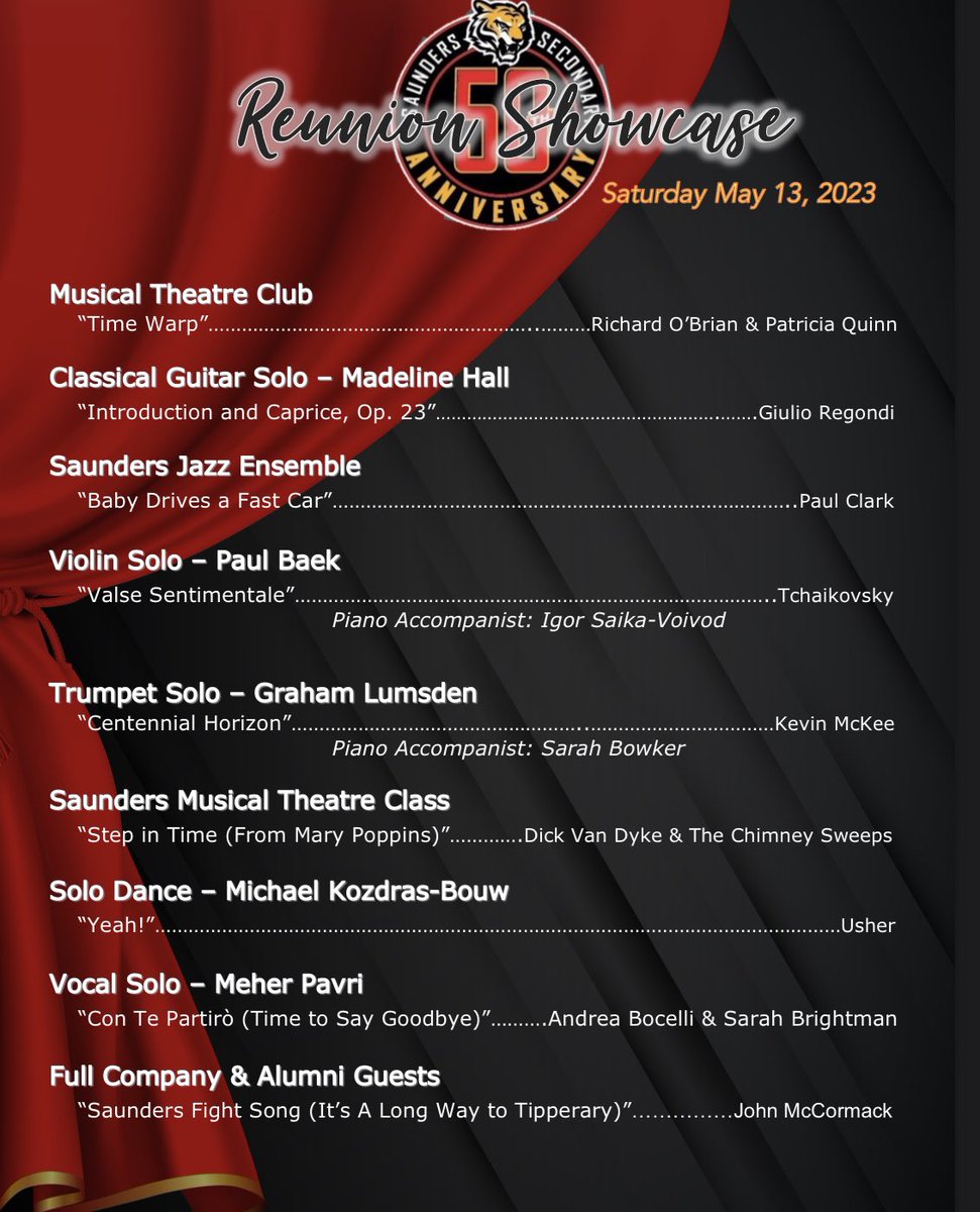 Saunders Reunion Showcase Concert is taking place at 2pm on Saturday, May 13.

We'd like to invite former players and singers to join the Saunders Jazz Ensemble for the playing/singing of the "Saunders Fight Song (It's A Long Way to Tipperary)" to close the concert.