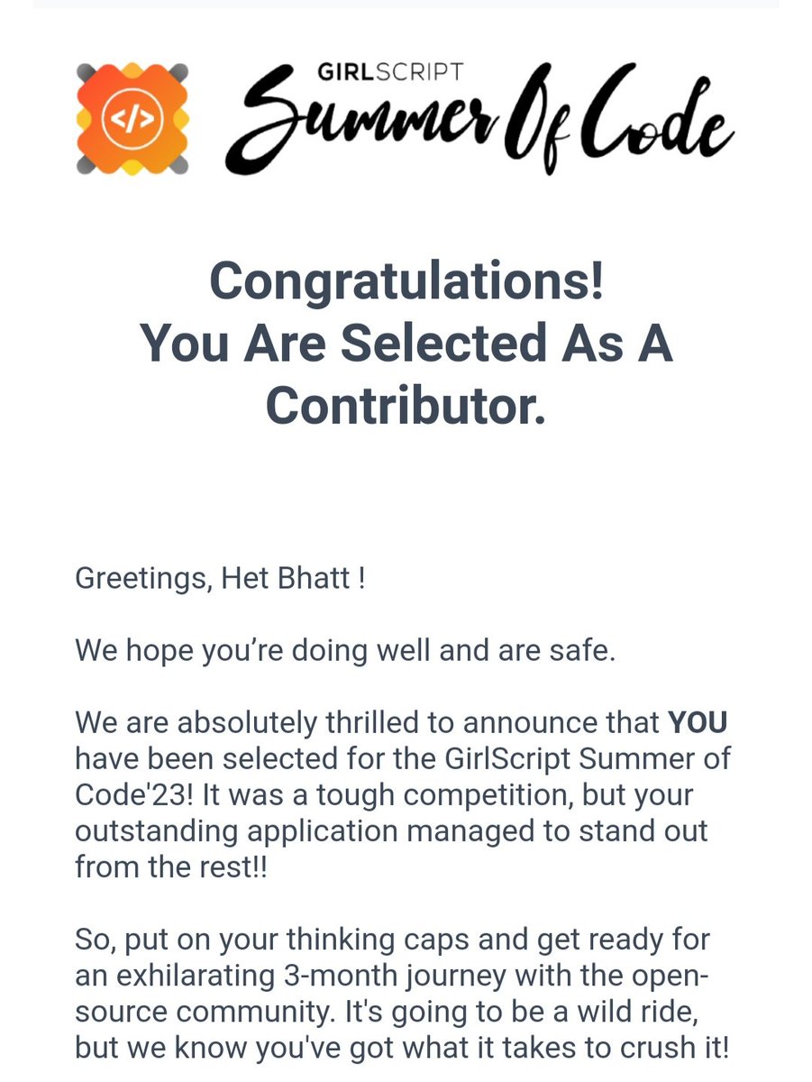 Hetbhatt1526's tweet image. Glad to share, got selected for GSSOC 💥💥.
Thanks @girlscriptsoc for this opportunity.
#opensource #GirlScriptSummerofCode #GSSoC