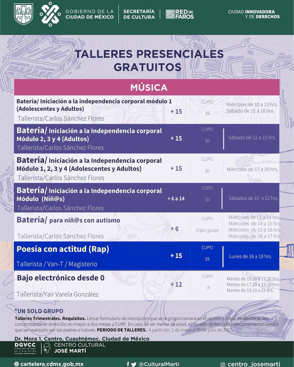 Por si les interesa, tenemos 2 fechas más para inscripción al Taller de Rap Poesía Con Actitud a impartirse los lunes de 16 a 19 hrs en Centro Cultural José Martí
Inscripción presencial gratuita
Lunes 8 y Martes 9 de mayo
#talleresgratuitos
#rapmexicano