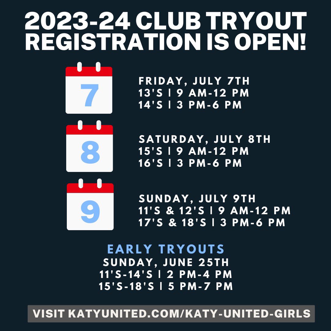 Registration for the 2023-24 season club tryouts is now open! Visit katyunited.com to register!