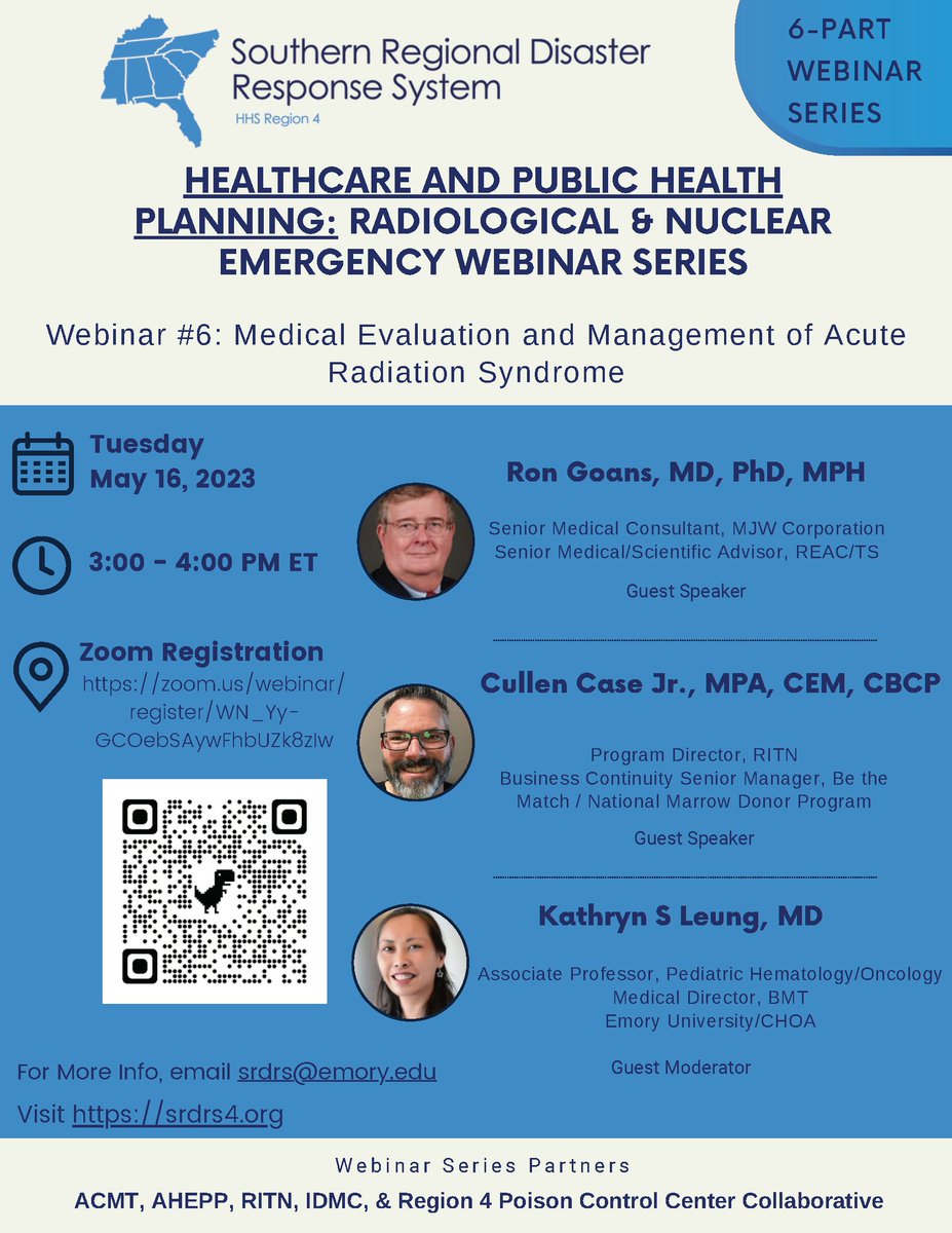 Emory EM (@emoryem) on Twitter photo Register now for the final SRDRS webinar on the Medical Evaluation & Mgmt of Acute Radiation Syndrome. Tues., May 16, 3-4 pm ET
Registration required: zoom.us/webinar/regist…
<a href="/acmtmedtox/">American College of Medical Toxicology</a> <a href="/ASPRgov/">HHS ASPR</a> <a href="/AHEPP1/">AHEPP</a> <a href="/eapcct/">EAPCCT</a> <a href="/AACTinfo/">AACT</a> <a href="/iaeaorg/">IAEA - International Atomic Energy Agency ⚛️</a> <a href="/NAEMSP/">NAEMSP</a> Register now for the final SRDRS webinar on the Medical Evaluation & Mgmt of Acute Radiation Syndrome. Tues., May 16, 3-4 pm ET
Registration required: zoom.us/webinar/regist…
<a href="/acmtmedtox/">American College of Medical Toxicology</a> <a href="/ASPRgov/">HHS ASPR</a> <a href="/AHEPP1/">AHEPP</a> <a href="/eapcct/">EAPCCT</a> <a href="/AACTinfo/">AACT</a> <a href="/iaeaorg/">IAEA - International Atomic Energy Agency ⚛️</a> <a href="/NAEMSP/">NAEMSP</a>