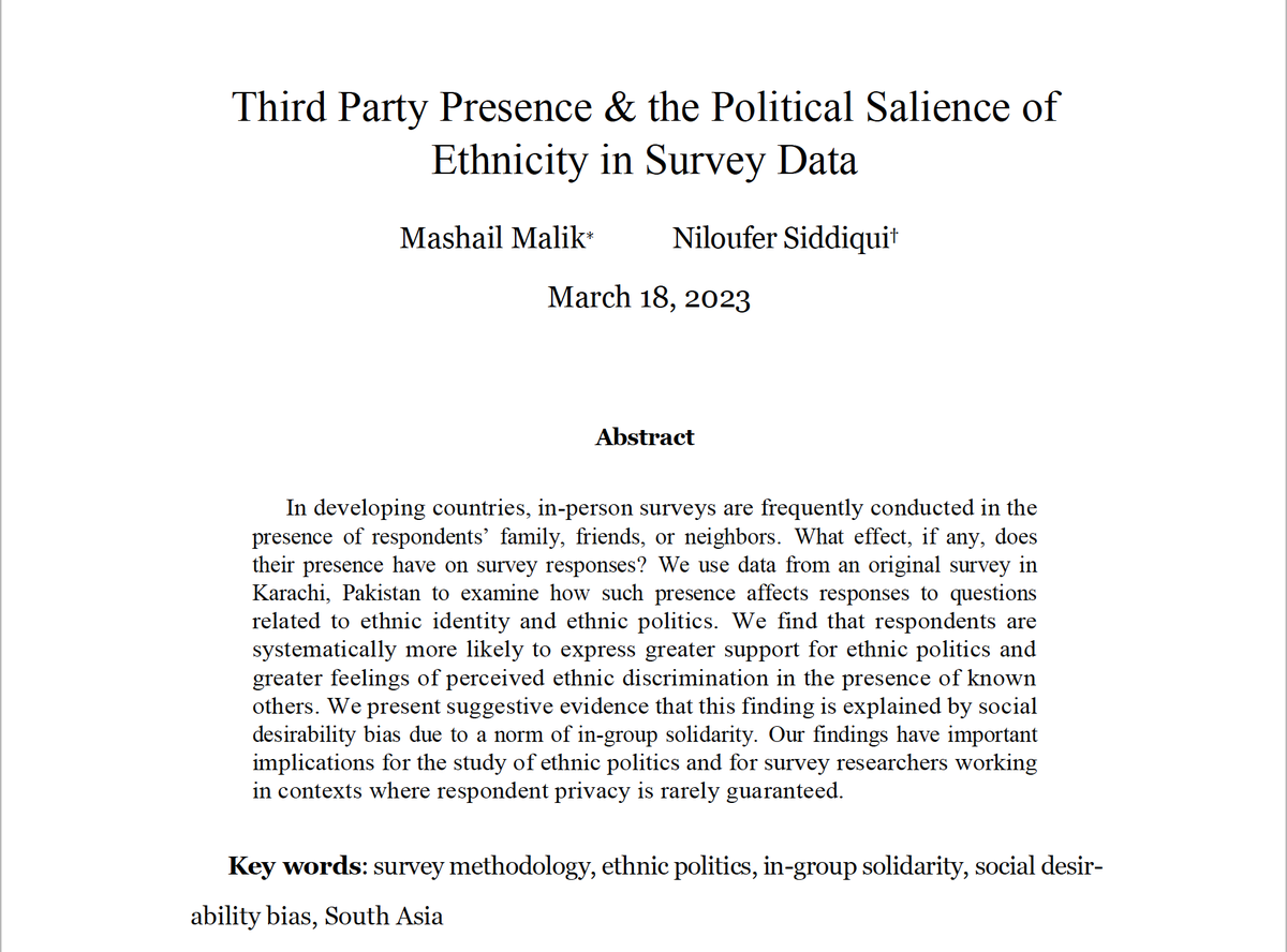 New paper forthcoming at @The_JOP with @NiloSiddiqui on in-person survey methodology and the drivers of ethnic politics. 1/