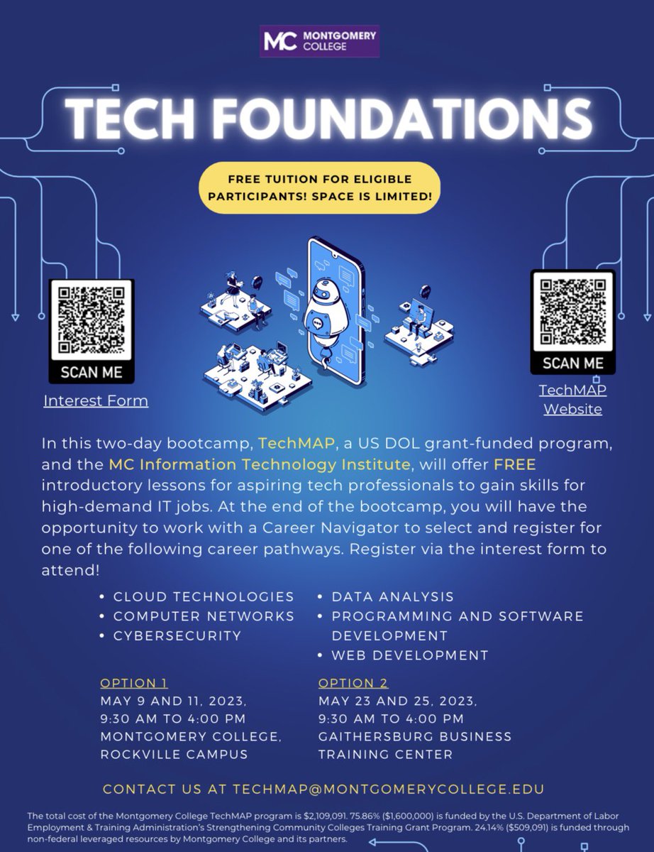 MCEngage's tweet image. Are you interested in gaining skills for high-demand IT jobs? TechMAP and the MC Information Technology Institute will offer FREE introductory lessons for aspiring tech professionals. Register here: bit.ly/3NPwr3C @montgomerycoll @MCPS @MCPSEspanol @MCPL_Libraries