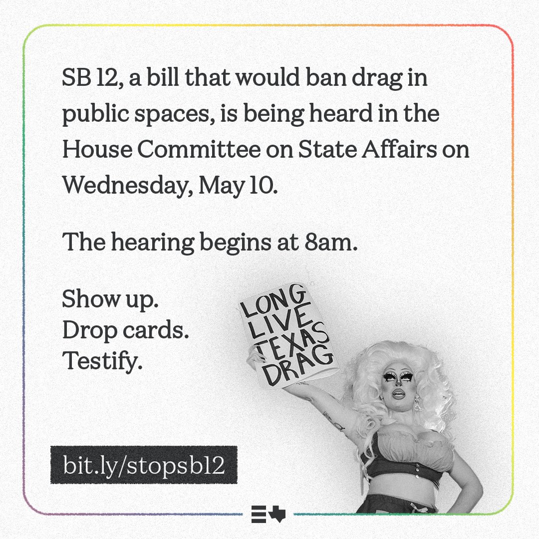 📍 We need folks to show up to the Capitol on Wednesday, drop cards, and sign up to testify against this bill! 📌 Join us: bit.ly/stopsb12 #LGBTQ #LGBTQRights #ProtectTXDrag #DragTax
