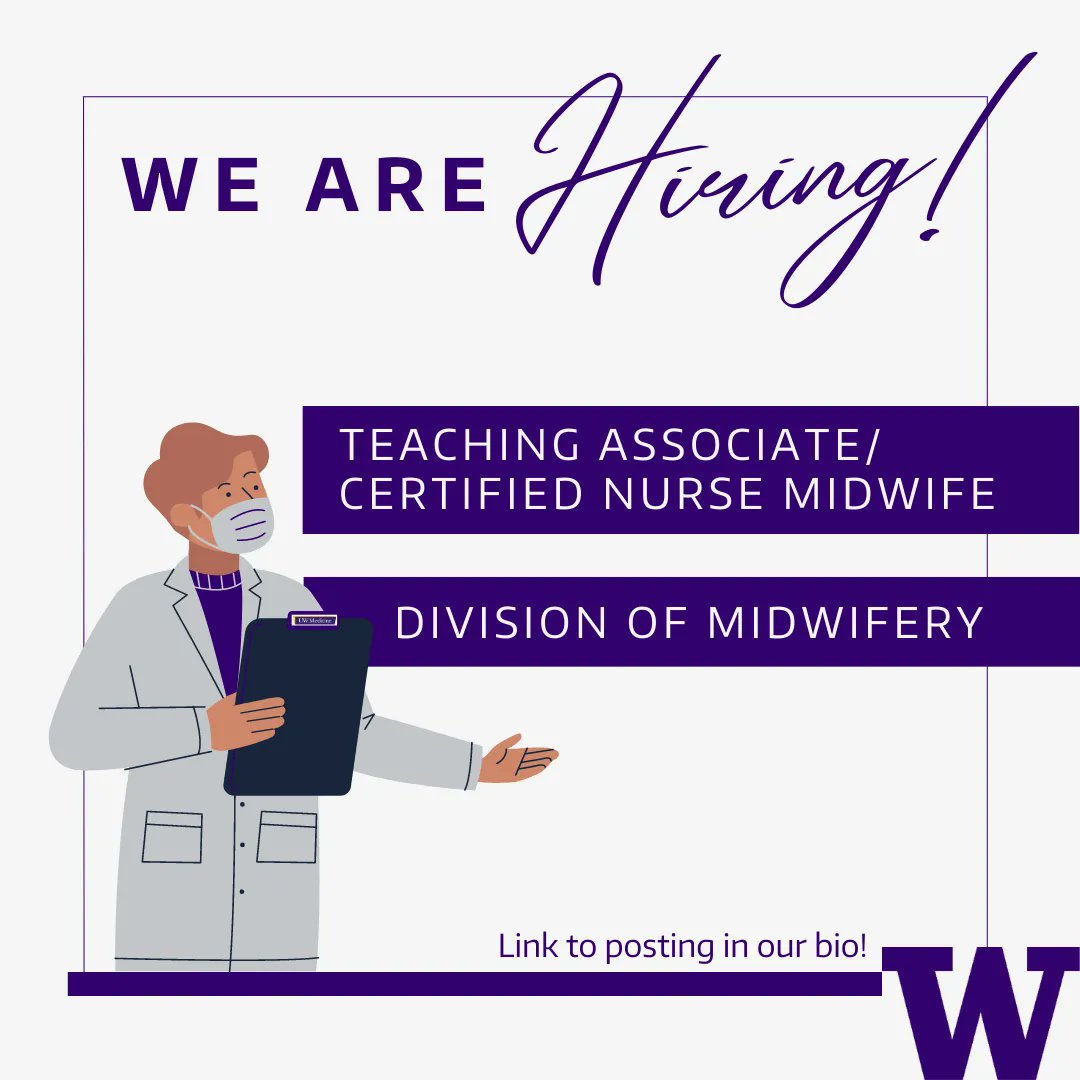 We are hiring a 1.0 FTE Certified Nurse Midwife in the UW Department of Obstetrics &amp; Gynecology to work with our UWMC-Montlake team! Learn more at buff.ly/3pj5s6C #obgyn #hiring #midwife #midwifery #jobs
