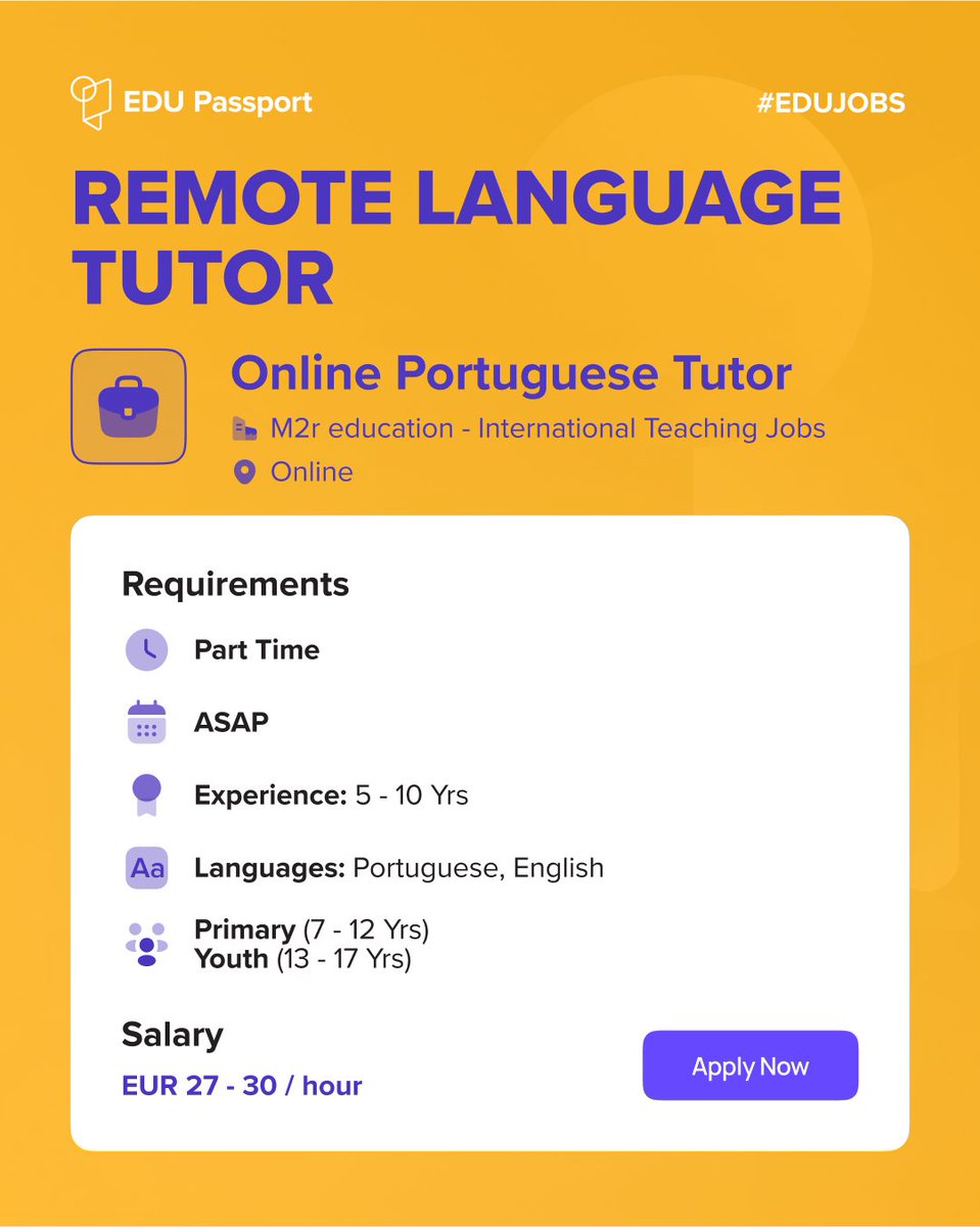 Empower students to speak Portuguese fluently! 

Apply now at edupassport.io! 🇵🇹 📚

#EDUJobs #EDUPassport #TeachOnline #onlinejobs #teachingjobs #teachportuguese #portugal #teachers #educators #hiring