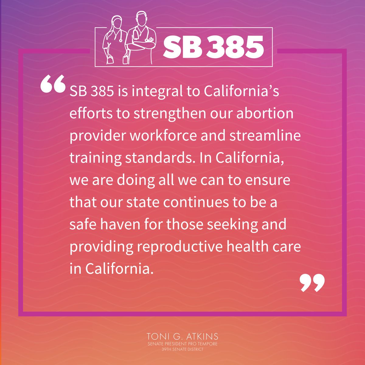 SenToniAtkins's tweet photo. I’m pleased that the #CASenate has passed my bill, #SB385, which would increase the number of #abortion providers in California by increasing opportunities for #PhysicianAssistants to receive the necessary training to perform first-trimester abortions! https://t.co/Q3pXrEMsxH https://t.co/oRwzgESbru