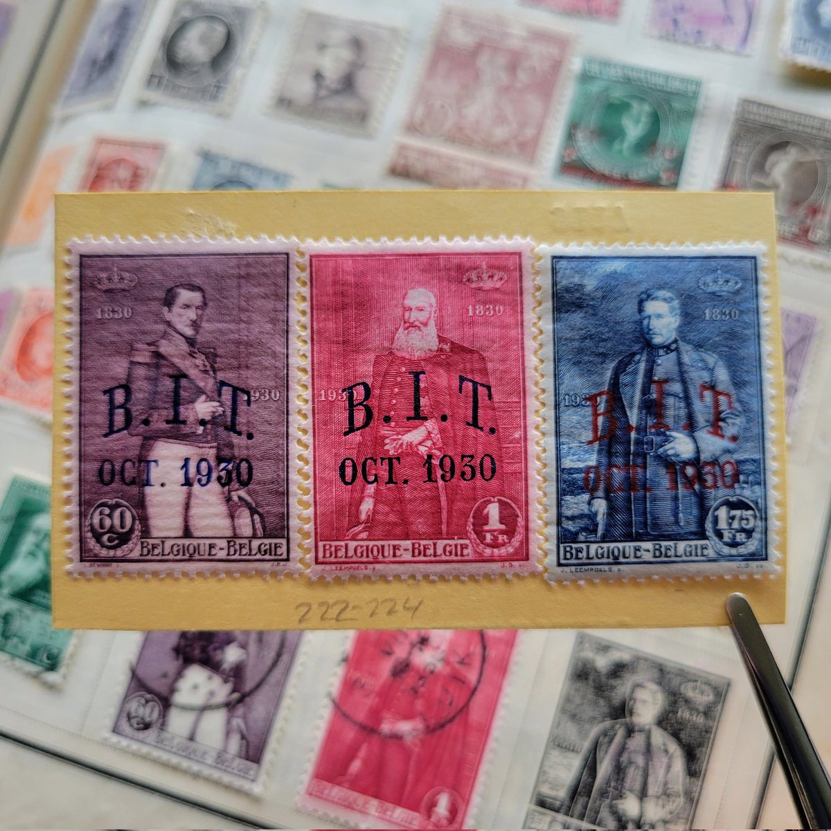 This 1930 release is an overprint of stamps issued in July of that yr, showing Leopold I, Leopold II, Albert I

The overprint of "B.I.T." refers to the 50th meeting of the admin council -  Intl Labour Bureau at Brussels.

#stamps #philatelist #philately #Belgium #Belgique