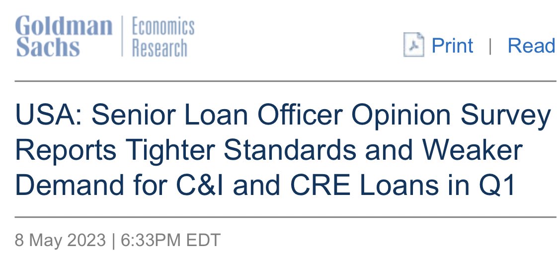 GOLDMAN: “.. no banks expected their lending standards for C&amp;I loans (and most other loan types) to ease over the remainder of 2023, while 33% expected them to tighten further .. On net, the report was better than we were expecting, but the details are slightly worse ..” #SLOOS