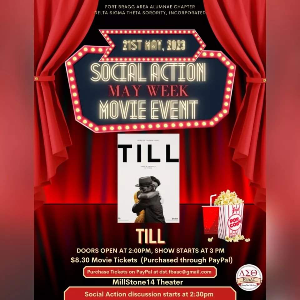 FortBraggDeltas's tweet photo. You don't want to miss this! Come join us as we watch the very powerful movie; TILL. There will be a discussion about the movie. All ticket sales are via PayPal! #socialaction #till #FBAAC #DST1913 #SAR https://t.co/7RexShRJBp