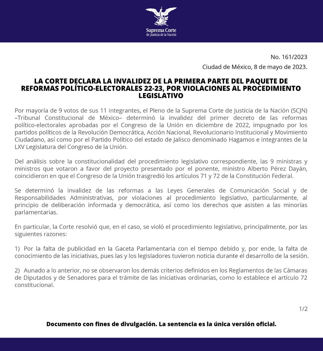 JCarlos_Valerio's tweet photo. #ÚltimaHora || Tras obtener 9 votos a favor, la Suprema Corte de Justicia de la Nación #invalida el 1er decreto de el Plan B de la #ReformaElectoral que #modifica las Leyes Generales de Comunicación Social y de Responsabilidades Administrativas. https://t.co/jrDUn6dl73