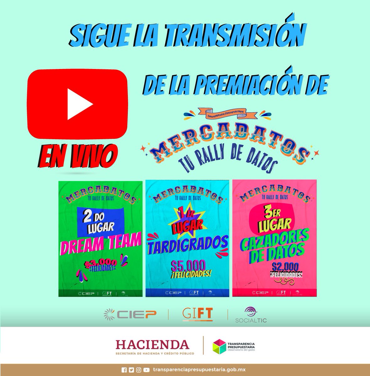TPresupuestaria's tweet image. 🌟 Acompáñanos a conocer los proyectos ganadores de #Mercadatos: tu rally de datos 2023.

📌 Te esperamos en la ceremonia de premiación este 11 de mayo a las 11:00 a.m. 

👀 Sigue la transmisión en vivo: youtube.com/live/-o6DQRI6n…

#ExploraDatos #RallyMX 🏁