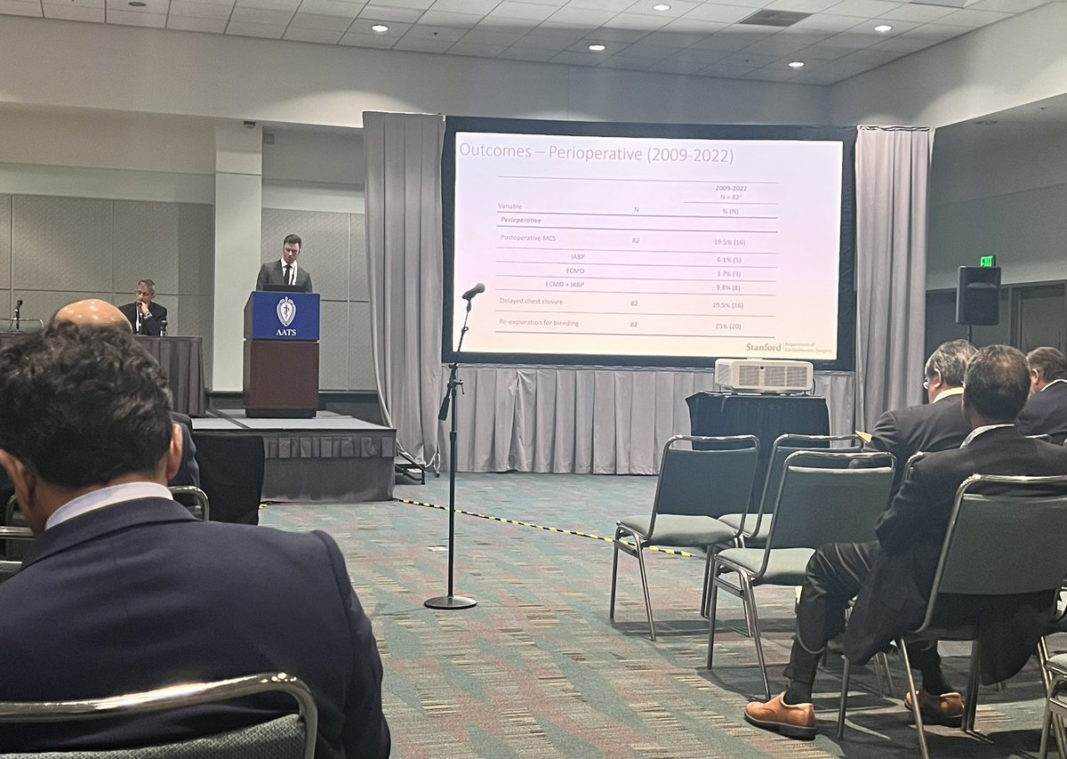 #AATS2023 All star Stanford CT Surgery resident @elde_md presenting on more than 4 decades of Stanford’s heart-lung en bloc experience. Amazing to hear from Drs Reitz, Baumgartner, Shumway. @StanfordCTSurg @YuanjiaZhu