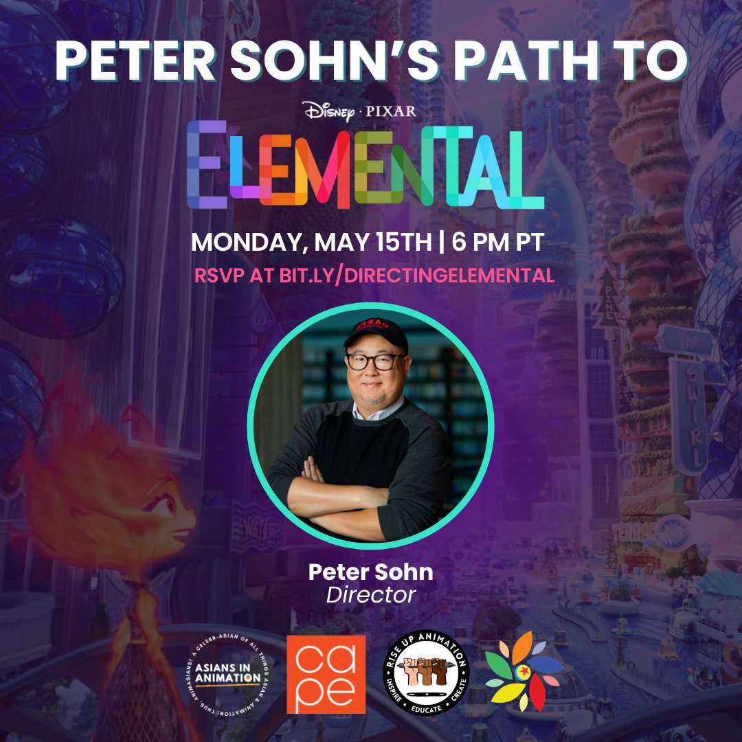 In celebration of AAPI Month, we’re partnering with @CAPEUSA, Pixar Asiana, and @riseupanimation for a live Q&A with @PEETSOWN, director of @pixarelemental! Join us on May 15th @6pm PT. Register at bit.ly/directingeleme… #PixarElemental #petersohn #pixar #asiansinanimation