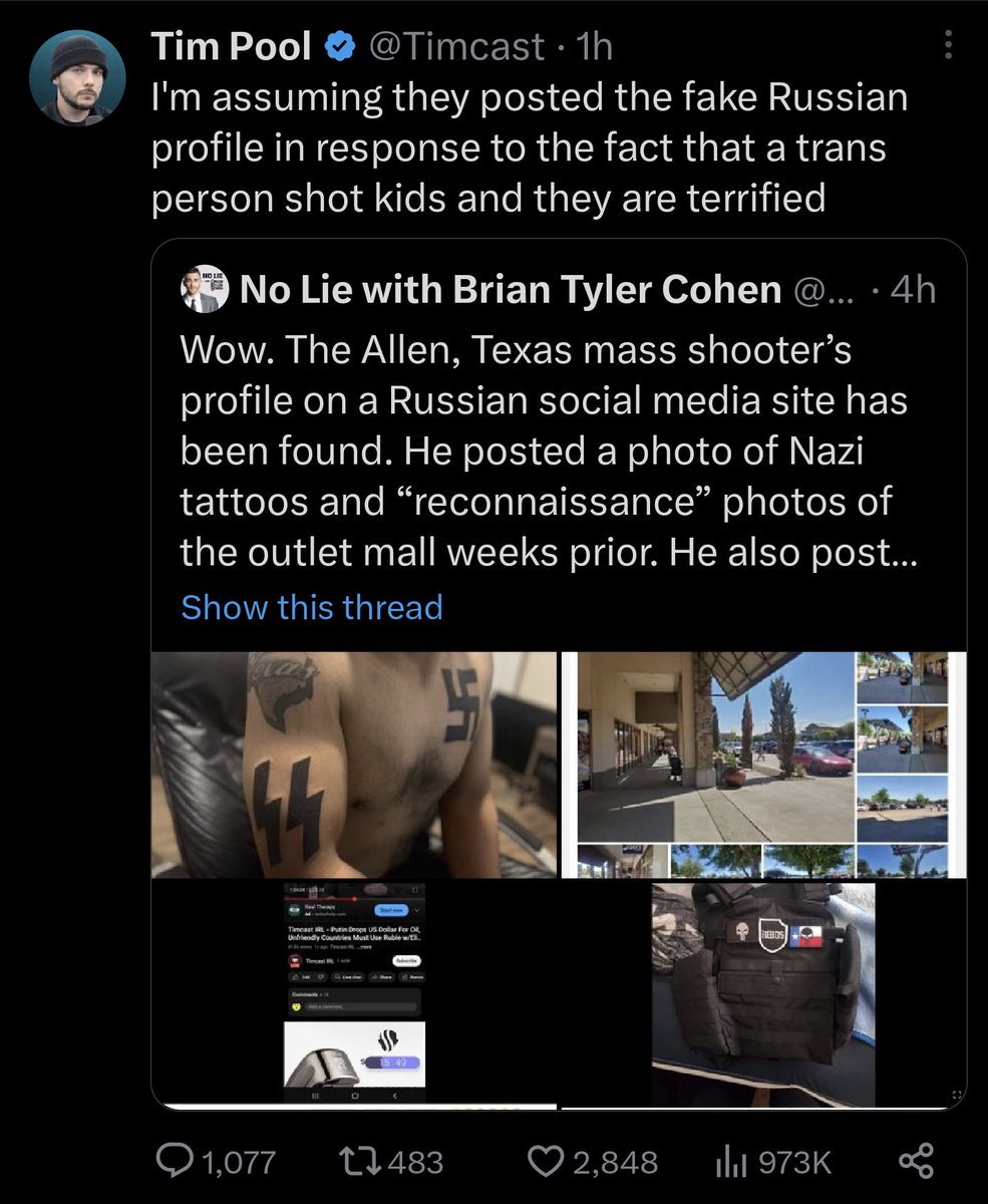 stevanzetti's tweet photo. Ask yourself: Why do these people want so desperately for the Allen mall mass shooter to not be a self identifying neo-Nazi? 🤔 https://t.co/y7d2DckUOd