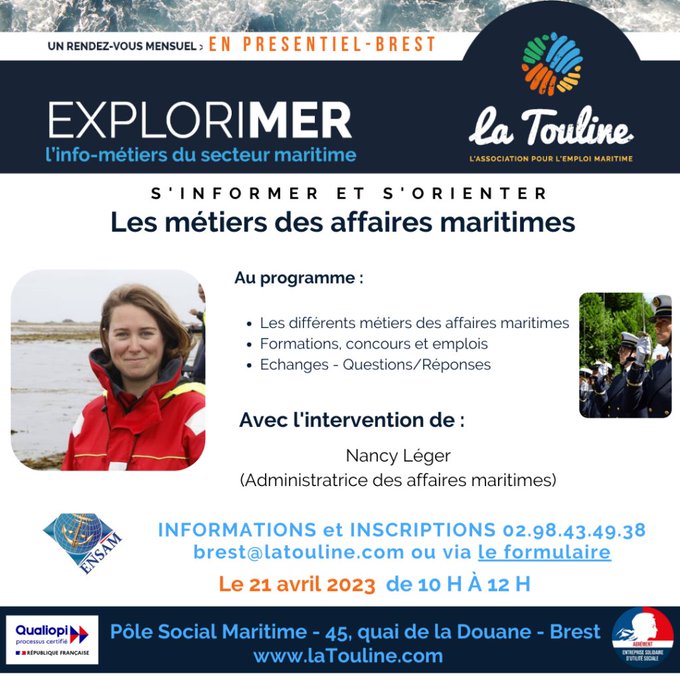 magazinesglobal's tweet image. LA TOULINE
@la_touline
#ExploriMer du 21 avril dédié aux métiers des affaires maritimes - #soyezcurieux
@regionbretagne
@MerGouv
@pole_emploi
@EricBanel
@WistaFR
@UBO_UnivBrest
@ClusterMaritime
@Onisep