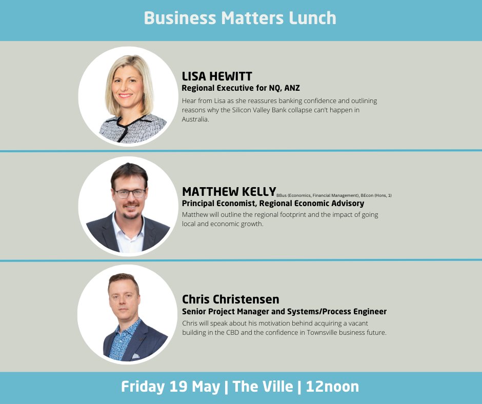 Business Matters Lunch // Friday 19 May 

Hear from local speakers discussing banking strategies, regional economy and confidence in the business market. 

Our first Business Matters Lunch held at <a href="/thevilletsv/">The Ville</a> 

Get your tickets now👉bit.ly/44oWjJz