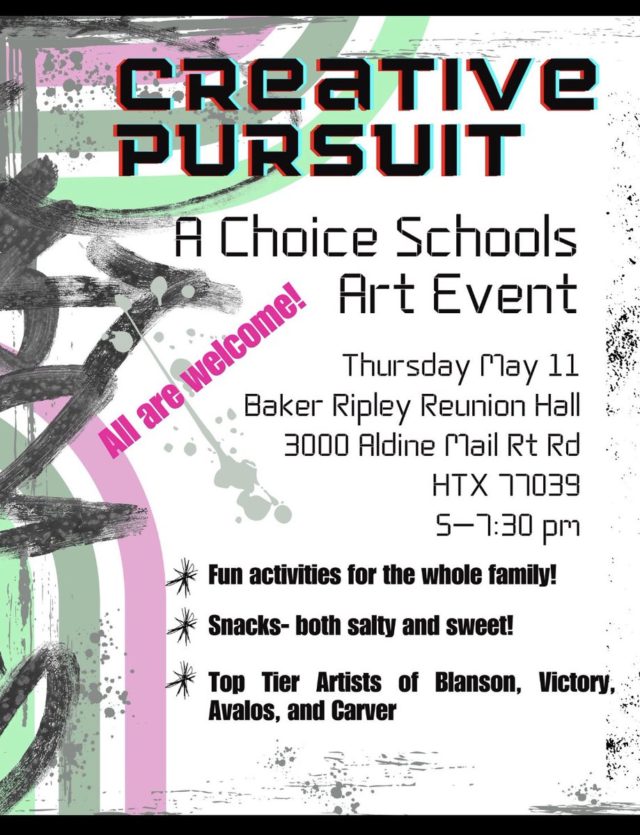 Rose M. Avalos P-TECH School (@avalosptech) on Twitter photo Join us May 11 at 5PM <a href="/BakerRipley/">BakerRipley</a> for the first ever Choice Schools Art Event! Come support our talented artists 🎨🖼️ Open to the public 🎈 Join us May 11 at 5PM <a href="/BakerRipley/">BakerRipley</a> for the first ever Choice Schools Art Event! Come support our talented artists 🎨🖼️ Open to the public 🎈