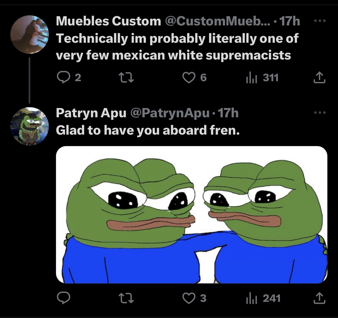 heckmanatee's tweet photo. “mexicans can’t be white supremacists”
“I’m a Mexican white supremacist”
“welcome aboard!” https://t.co/KpntQWItol