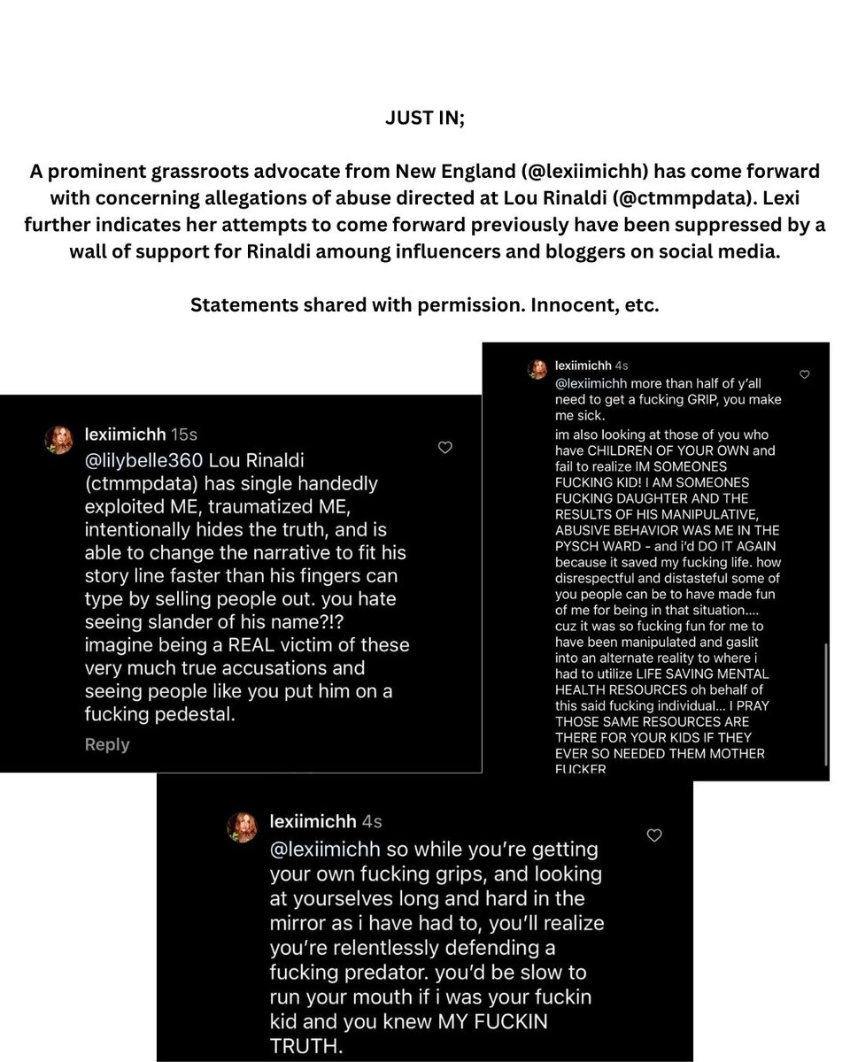 Grant Smith Ellis (@grantsmithellis) on Twitter photo JUST IN;
A prominent grassroots advocate from New England (<a href="/lexiimichh/">trap queen</a>) has come forward with concerning allegations of abuse directed at Lou Rinaldi (@ctmmpdata).
Lexi also states her previous attempts to speak out have been suppressed by Rinaldi's allies on social media. JUST IN;
A prominent grassroots advocate from New England (<a href="/lexiimichh/">trap queen</a>) has come forward with concerning allegations of abuse directed at Lou Rinaldi (@ctmmpdata).
Lexi also states her previous attempts to speak out have been suppressed by Rinaldi's allies on social media.