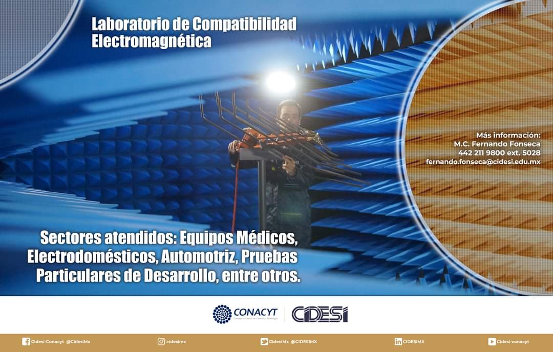 CIDESIMX's tweet photo. LABORATORIO DE COMPATIBILIDAD ELECTROMAGNÉTICA
CIDESI-CONACYT

Informes:
M.C. Fernando Fonseca 
442 211 9800 Ext. 5028
fernando.fonseca@cidesi.edu.mx

#electromagnética #equiposmedicos #automotriz #electrodomesticos https://t.co/9lfOaymrN0
