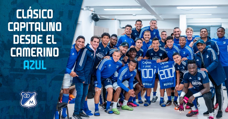 MillosFCoficial's tweet photo. El reconocimiento para Fernando Uribe por sus 100 partidos vistiendo la Gloriosa Azul y sus 200 goles como profesional, la trasquilada de Larry a Jhoan en su primera convocatoria y mucho más de lo que se vivió en la victoria sobre Santa Fe. 🎥🏟️🔵🔝