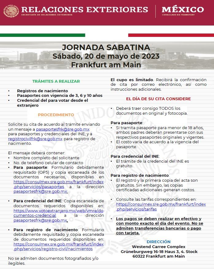 El @ConsulMexFrk te invita a la próxima #JornadaSabatina en #Frankfurt el próximo sábado 20 de mayo.

Se tramitarán:
✅Pasaportes 
✅Credencial para votar desde el extranjero  

consulmex.sre.gob.mx/frankfurt/imag…

#DiputadoMigrante