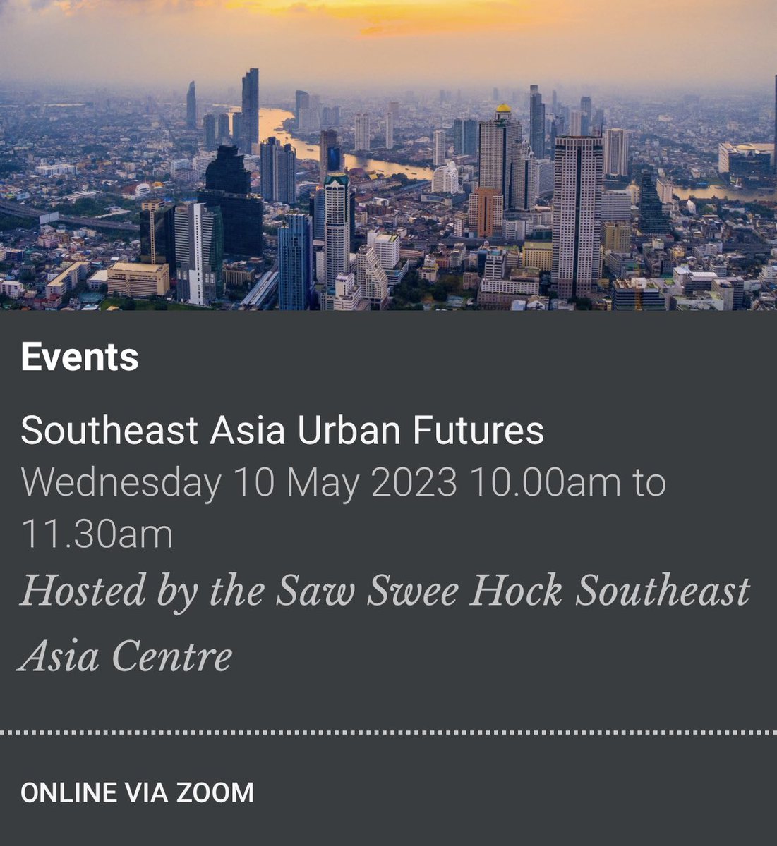 Hyun Bang Shin 신현방 (@urbancommune) on Twitter photo The day 2 of <a href="/LSESEAC/">LSE Southeast Asia</a> Southeast Asia Forum sees a timely panel discussion on Urban Futures, engaging with the question of climate urbanism. Please join me and the four experts, including <a href="/HVarkkey/">Helena Varkkey</a>, Melinda Martinus, Laura Cipriani & <a href="/clintonjlmoore/">Clinton M</a>
lse.ac.uk/seac/events/20… The day 2 of <a href="/LSESEAC/">LSE Southeast Asia</a> Southeast Asia Forum sees a timely panel discussion on Urban Futures, engaging with the question of climate urbanism. Please join me and the four experts, including <a href="/HVarkkey/">Helena Varkkey</a>, Melinda Martinus, Laura Cipriani & <a href="/clintonjlmoore/">Clinton M</a>
lse.ac.uk/seac/events/20…