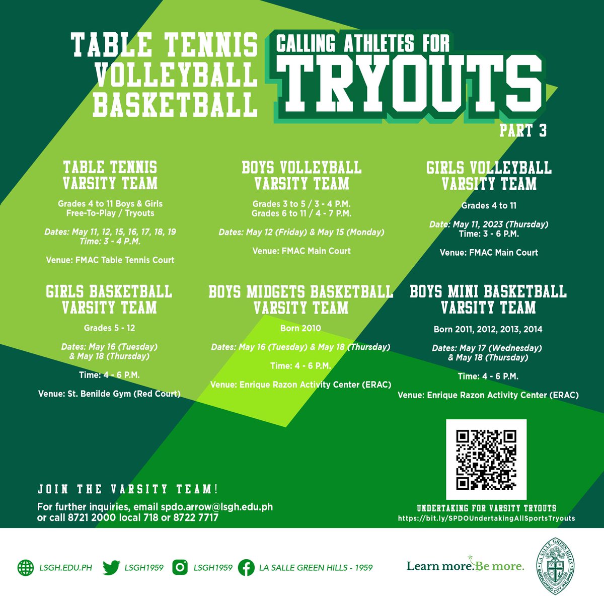 lsgh1959's tweet photo. To all currently-enrolled LSGH student, it's TRYOUTS time for LSGH Varsity Sports this May! (See poster for details.)

Download the form here: https://t.co/VWOKIBKbhK
(No Undertaking, No Tryout.)

#LearnMoreBeMore
#LSGHCoed
#LSGHInclusive
#LSGHARROW https://t.co/lhT5LOC0e7