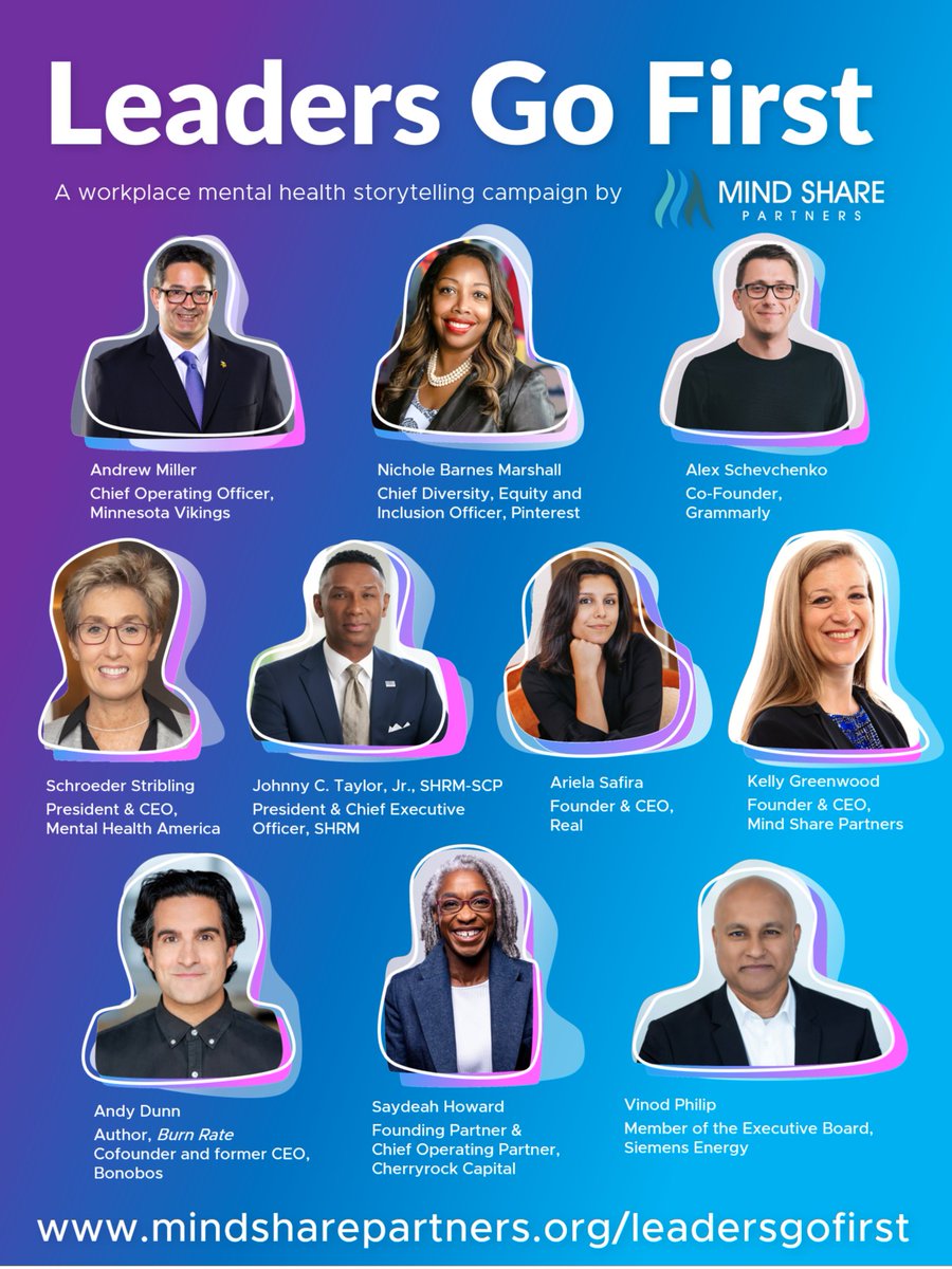 The #LeadersGoFirst campaign features a collection of personal mental health stories from C-level leaders, including my own and others like #NicholeBarnesMarshall <a href="/Pinterest/">Pinterest</a>, <a href="/JohnnyCTaylorJr/">Johnny C. Taylor, Jr., SHRM-SCP</a> <a href="/SHRM/">SHRM</a>, <a href="/SayHowInc/">Saydeah Howard</a> @Cherryrockcapital, <a href="/dunn/">Andy Dunn</a>, #VinodPhilip <a href="/siemensenergy/">siemensenergy</a> (cont...) (5/9)