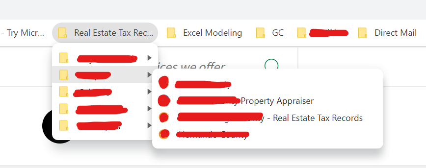 drippedIRR's tweet photo. Quick tip - create a folder structure in your browser for each county's property appraiser/tax records websites. 

I have a folder for each market, then subfolders for each county. 

Crisp organization -> crisp underwriting -> crisp returns. https://t.co/rdoLMdJYbX