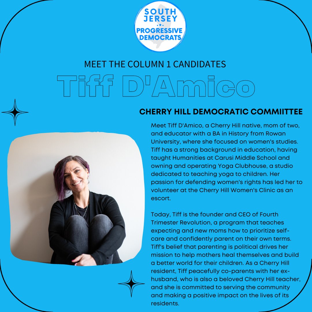 JerseyDemocrats's tweet photo. Meet Tiff, one of the progressive Democrats running in Column 1 in Cherry Hill for the office of Democratic County Committee!  #VoteProgressive #TimeForChangeInCherryHill #VoteColumn1 https://t.co/JF98uevJPt
