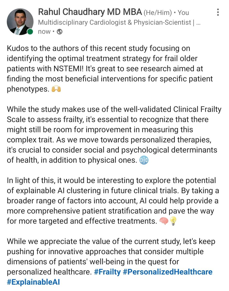 Exploring new frontiers in personalized healthcare for frail older patients with NSTEMI. Let's keep advancing our understanding and approach to achieve the best possible outcomes for everyone! 🚀🌟 #NSTEMI #PersonalizedHealthcare #ExplainableAI

ja.ma/40XnBno