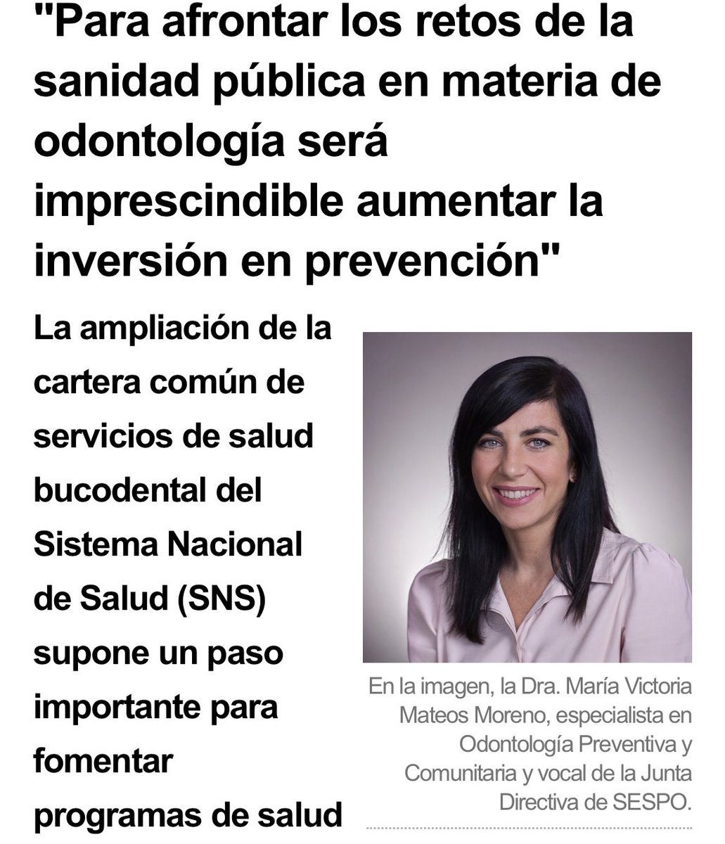 acff_es's tweet photo. Entrevista a la Dra. María Victoria Mateos Moreno, especialista en Odontología Preventiva y Comunitaria y Vocal de #SESPO
Publicada en @DentistaModerno | Léelo completo 👉 https://t.co/tYDjGGYmBp
Mariví Mateos https://t.co/yHLuBJ29oe