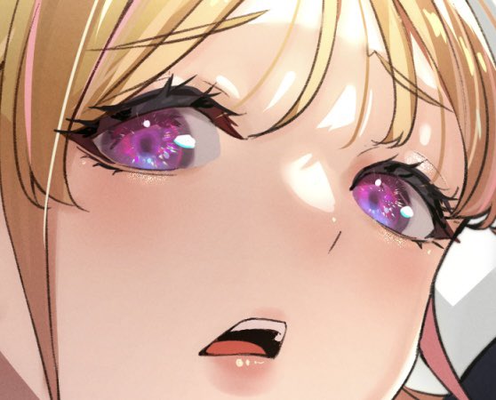 1girl solo open mouth purple eyes blonde hair close-up bangs  illustration images