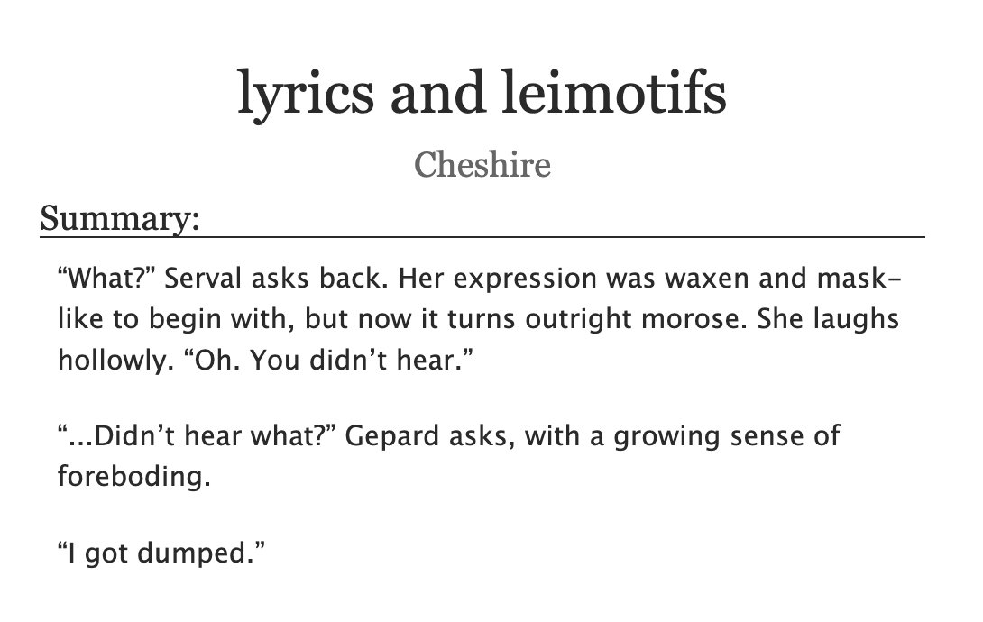teraflares's tweet photo. lyrics and leimotifs

HSR - gen - 2,286 words
serval gets dumped, and gepard makes sure she doesn't die of alcohol poisoning

https://t.co/QVYwbj55YV https://t.co/I0nqIKi220