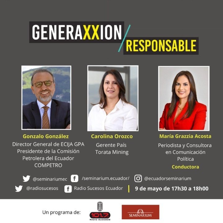 elmonominero's tweet photo. 📣Este martes 9 de mayo en @GeneraXXIonResponsable coproducido por @radiosucesos junto a @magrazziaacosta los invitados son:
▪️Gonzalo González, Director General de @ECIJA Presidente COMPETRO
▪️Carolina Orozco, Gerente País @MiningTorata 
Un programa @seminariumec https://t.co/hdxG3tl9mL