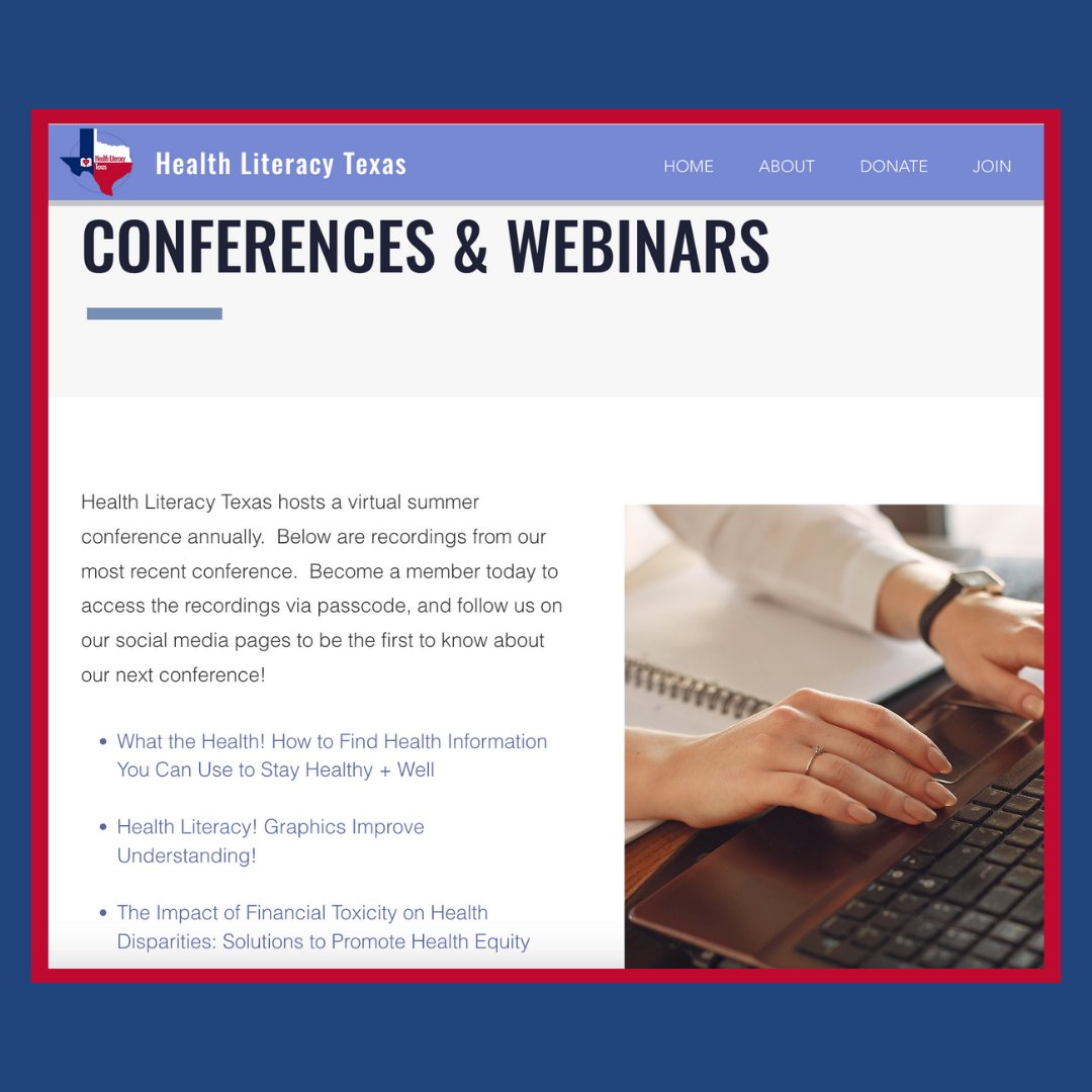 HealthLitTX's tweet photo. Did you know that our website has recorded webinars from our virtual conference last year? Visit https://t.co/C3g1ZGwD33 to watch and stay tuned for more information about this year’s annual conference!

#health #healthliteracy #publichealth #education #community #equity https://t.co/FDEJSHP1YI