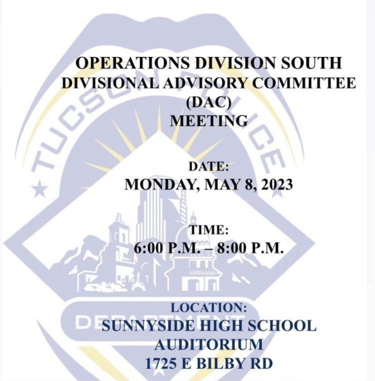 LPKNC_Tucson's tweet photo. TPD - @ops_south Division Advisory Committee Meeting happenings TODAY @ Sunnyside High School

@whatsuptucson https://t.co/uZrMXgN57f