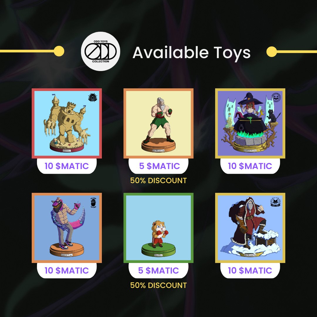 #ODDTOYS
❗Available #NFT Toys❗
opensea.io/collection/odd…

👉Sandro - Standard - Mythical 🔴
👉Boxer Nick - Athletic - Legendary 🟠
👉Cynthia Katwitch - Standard - Godd 🟡
👉Uncle T-ink - Standard - Legendary 🟠
👉Ray Ray- Standard - Uncommon 🟢
👉St. Nicholas - Standard - Godd🟡